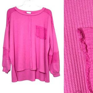 Pink Lily Pink Oversized Waffle Knit  Boho Top  Balloon Sleeves Size S